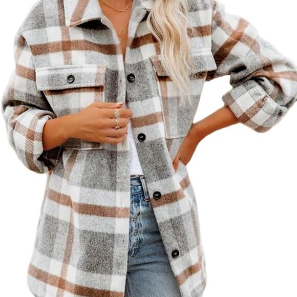 Women's Flannel Plaid Shacket 2025 Fall Outfits Long Sleeve Button Down Shirts J - Picture 6 of 6